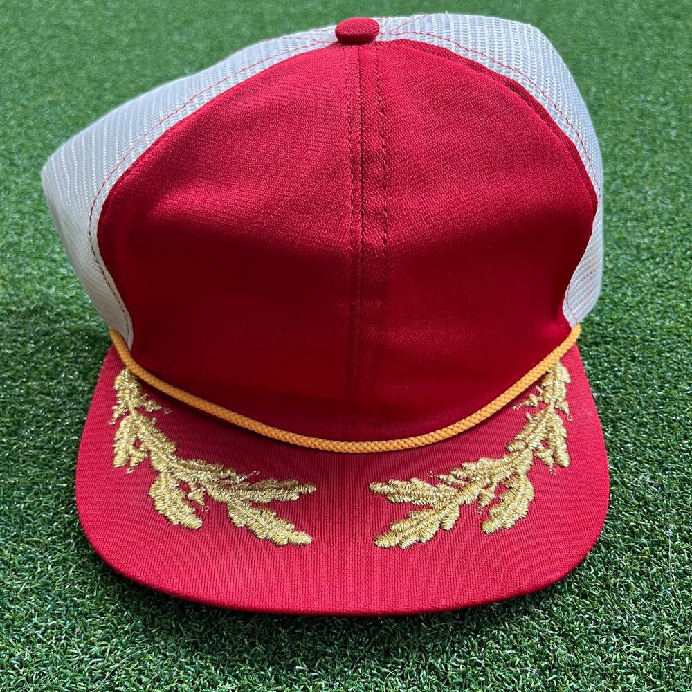 Vintage 80s 90s USA Leaf Brim Rope Trucker Hat Red White Snapback Cap